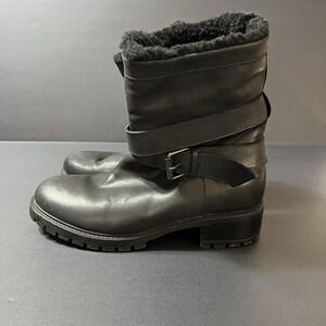 Ross & Snow Italy Black Leather Shearling Lined Moto Boots Lug Sole Women's 7.5